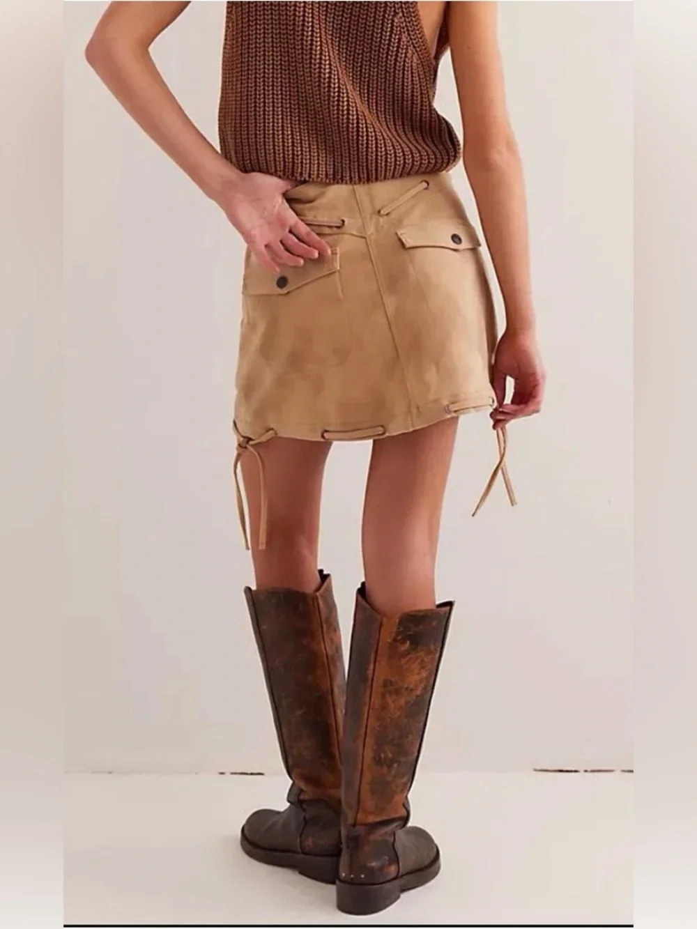 Free People / We The Free - Sierra NWT Vegan Suede Western Mini Skirt Beige Sz 6